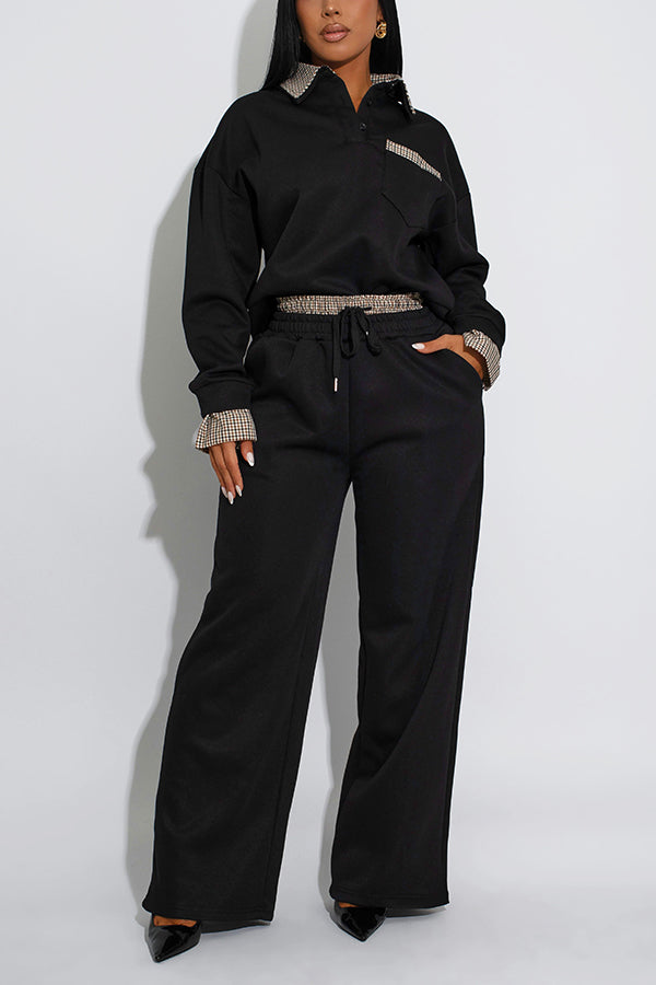Casual Plaid Patchwork Pullover & Wide Leg Pants Set