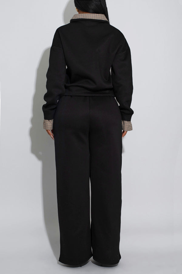 Casual Plaid Patchwork Pullover & Wide Leg Pants Set