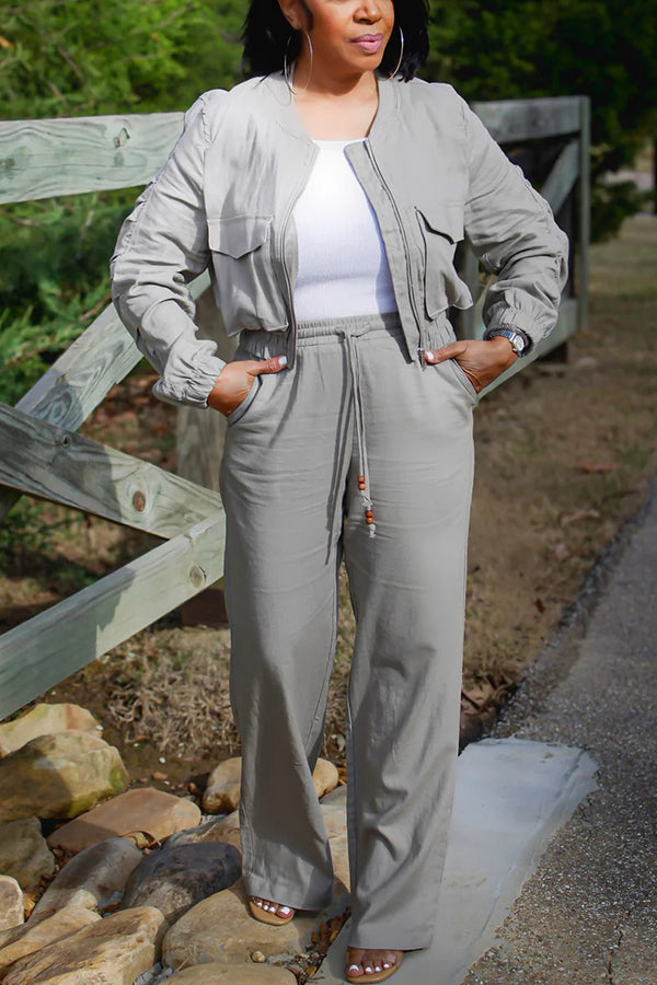 Casual Double Pocket Jacket & Wide Leg Pants Set
