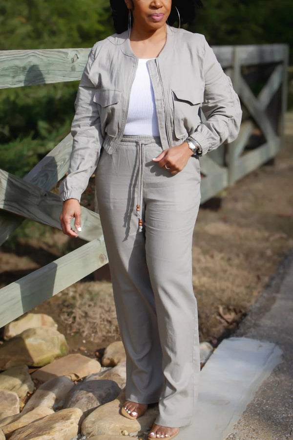 Casual Double Pocket Jacket & Wide Leg Pants Set