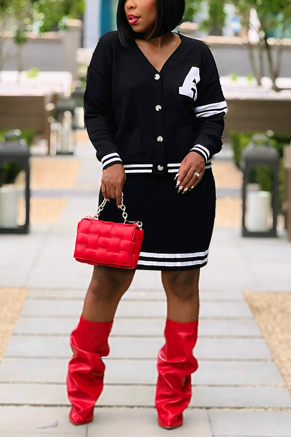 Chic Striped Cardigan & Skirt Set