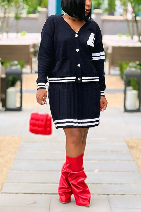 Chic Striped Cardigan & Skirt Set