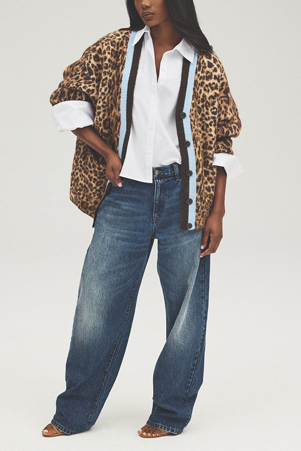 Stylish Leopard Print Striped Cardigan