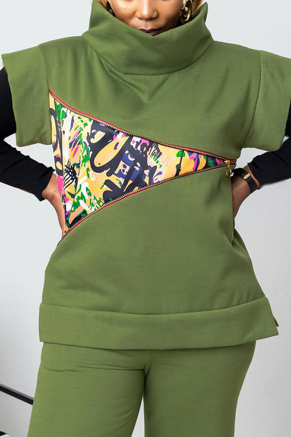 Stylish High Neck Printed Top & Zippered Pants Set