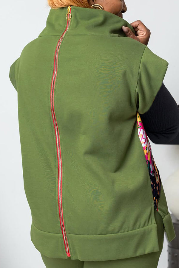 Stylish High Neck Printed Top & Zippered Pants Set