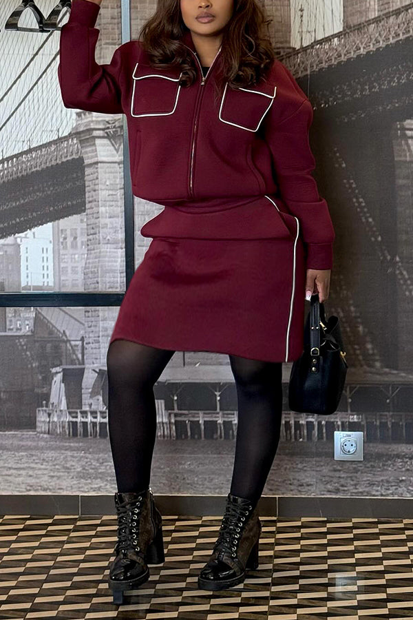 Retro Pocket Detail Jacket & High Waist Skirt Set