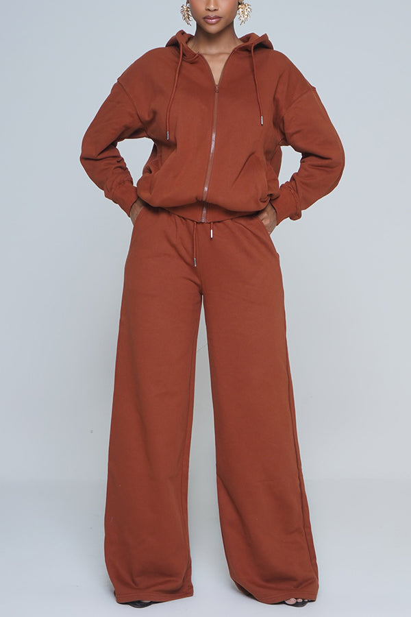 Sporty Hoodie & Drawstring Wide Leg Pants Set