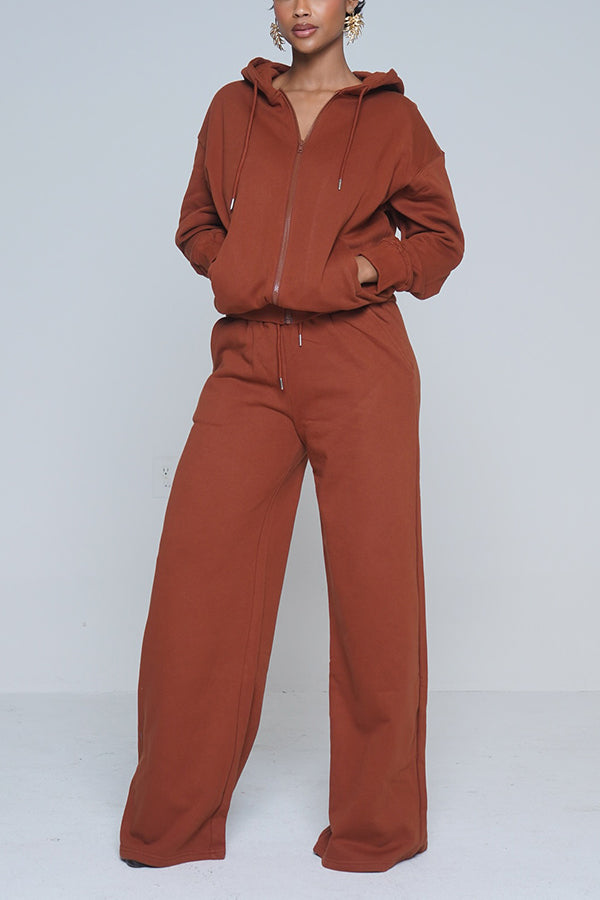 Sporty Hoodie & Drawstring Wide Leg Pants Set