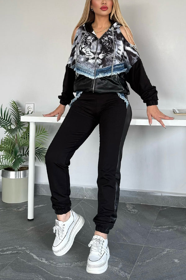 Unique Printed Denim PU Patchwork Hoodie & Pants Set