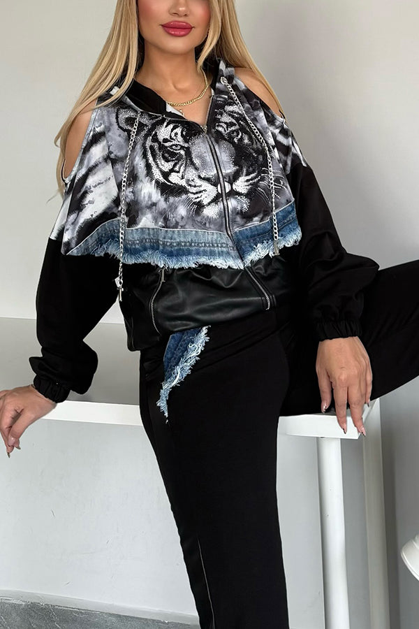Unique Printed Denim PU Patchwork Hoodie & Pants Set