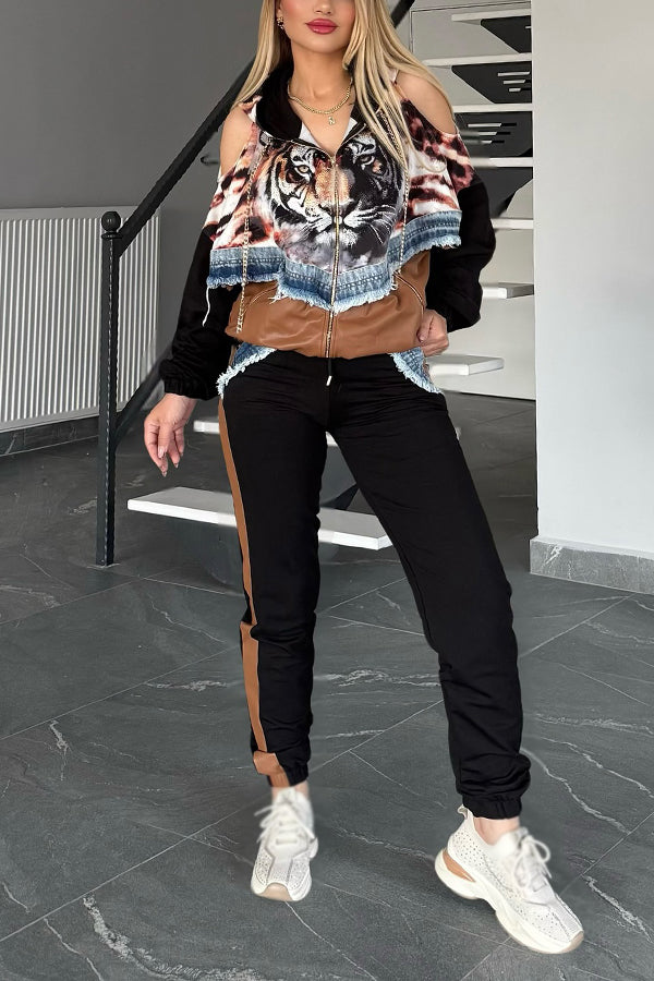 Unique Printed Denim PU Patchwork Hoodie & Pants Set