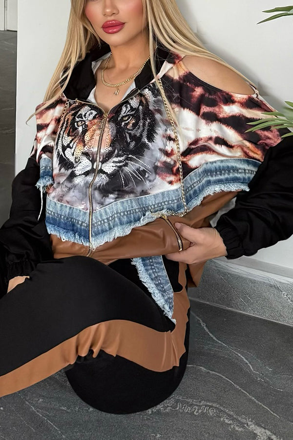 Unique Printed Denim PU Patchwork Hoodie & Pants Set