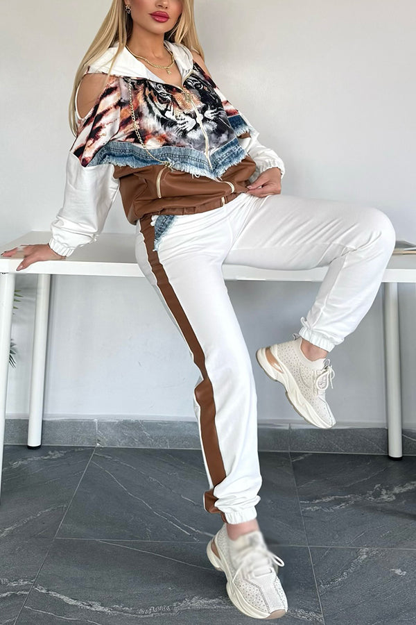 Unique Printed Denim PU Patchwork Hoodie & Pants Set