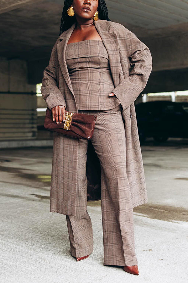 Stylish Lapel Breasted Plaid Print Overcoat
