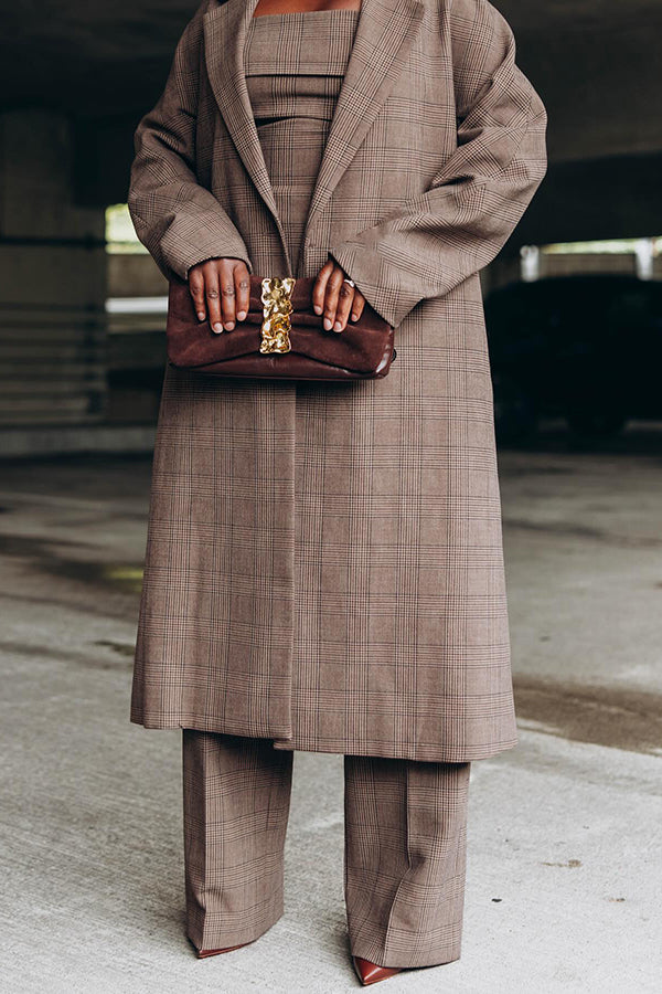 Stylish Lapel Breasted Plaid Print Overcoat