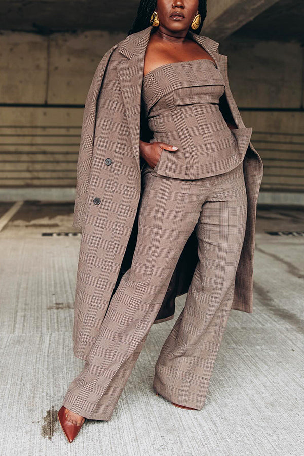 Stylish Lapel Breasted Plaid Print Overcoat