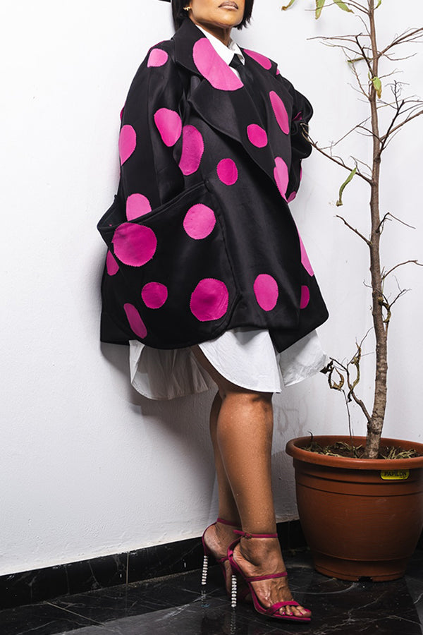 Playful Lapel Polka Dot Print Overcoat