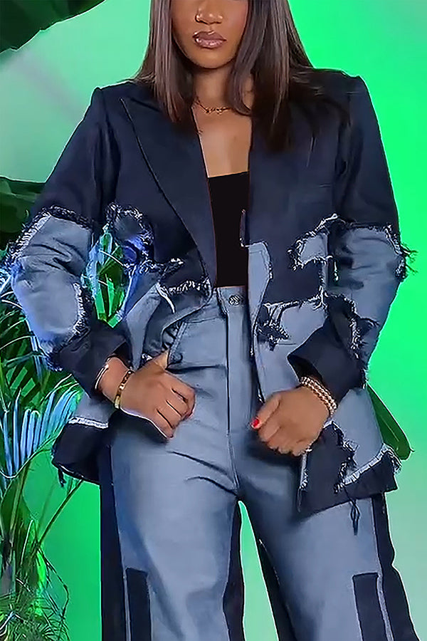 Stylish Two Tone Denim Raw Edge Blazer