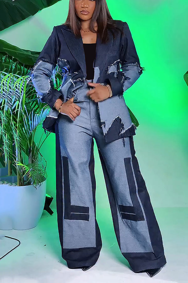 Stylish Two Tone Denim Raw Edge Blazer