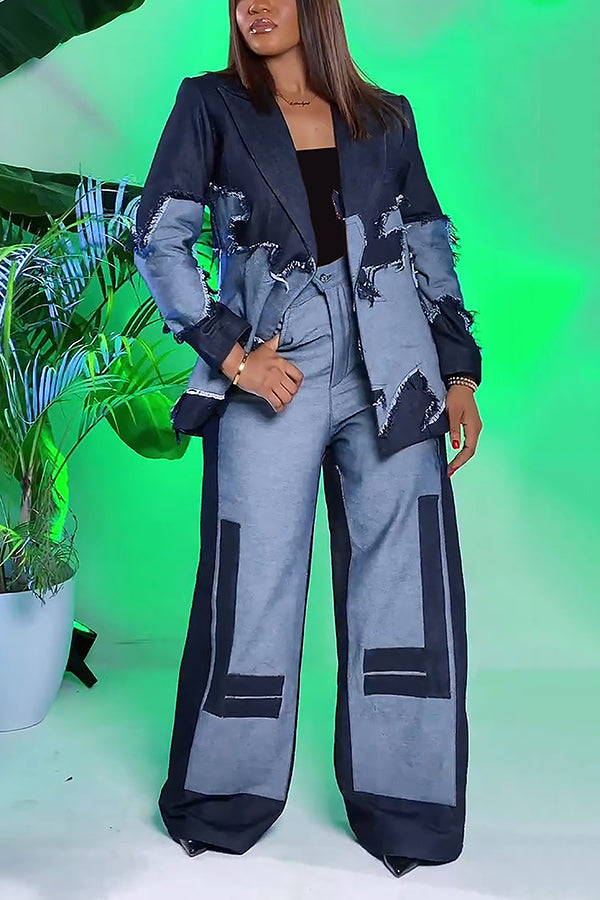 Stylish Two Tone Denim Raw Edge Blazer