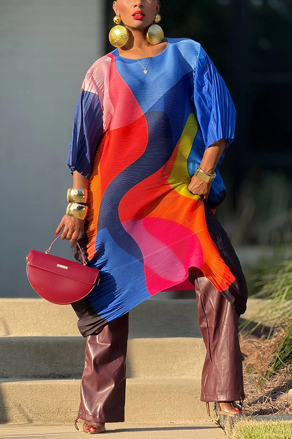 Colorful Monroe Print Pleated Texture Blouse