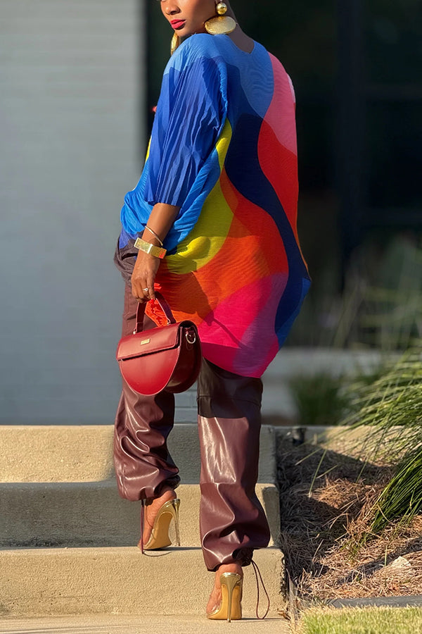 Colorful Monroe Print Pleated Texture Blouse