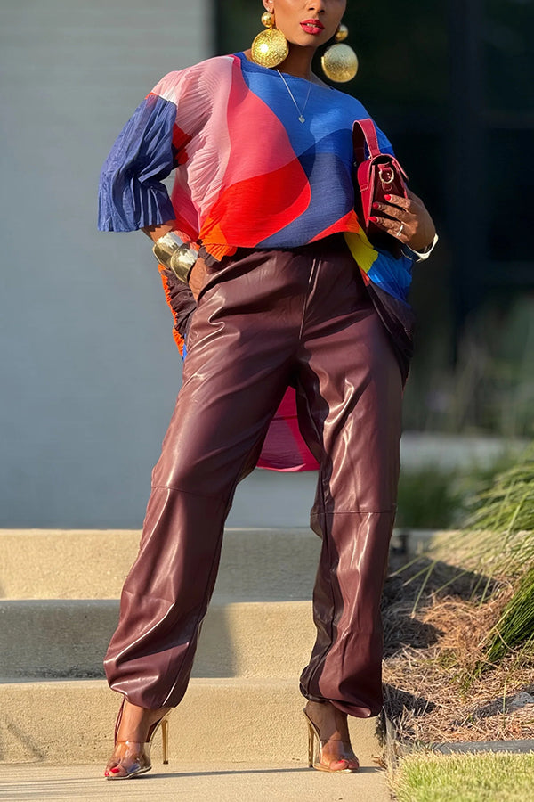 Colorful Monroe Print Pleated Texture Blouse