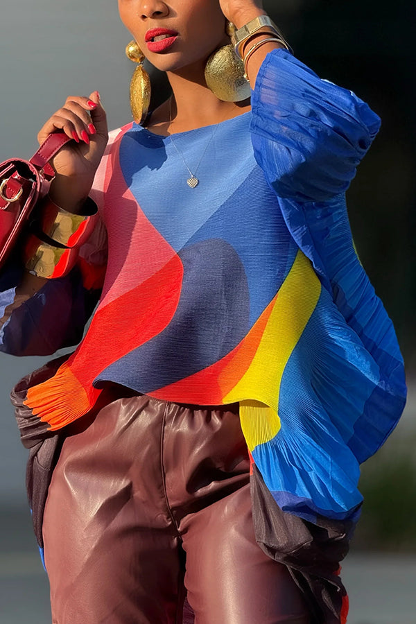 Colorful Monroe Print Pleated Texture Blouse
