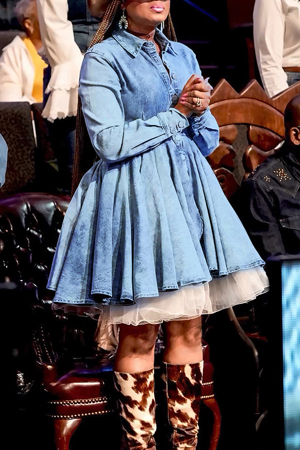 Stylish Pleated Denim Shirt Dress