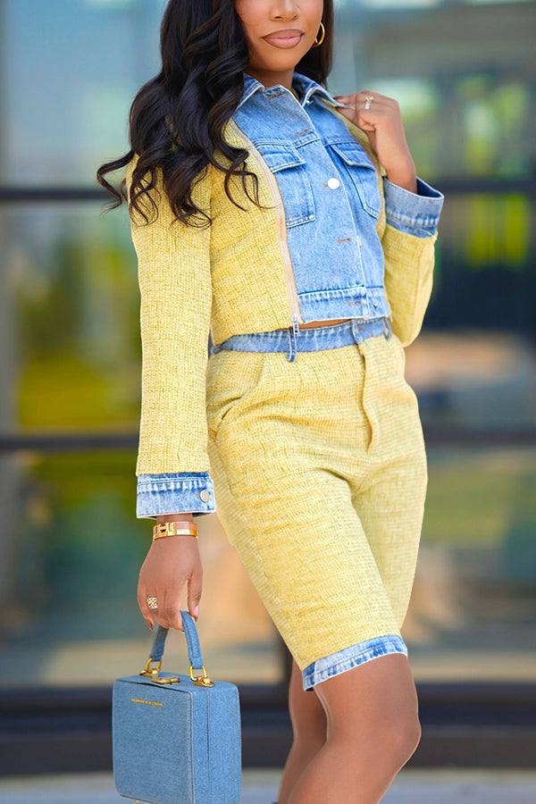 Stylish Contrasting Denim Jacket & Shorts Set