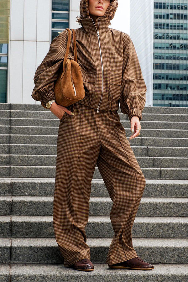 Retro Plaid Print Jacket & Wide Leg Pants Set