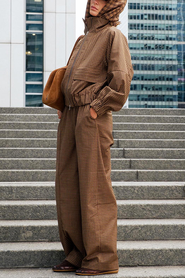 Retro Plaid Print Jacket & Wide Leg Pants Set