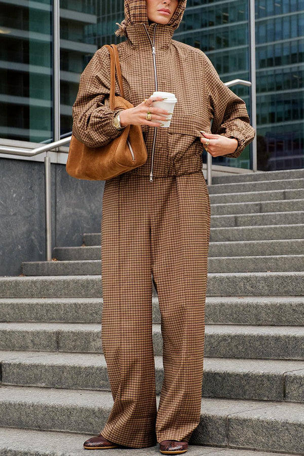 Retro Plaid Print Jacket & Wide Leg Pants Set