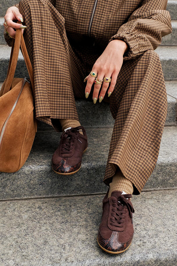 Retro Plaid Print Jacket & Wide Leg Pants Set