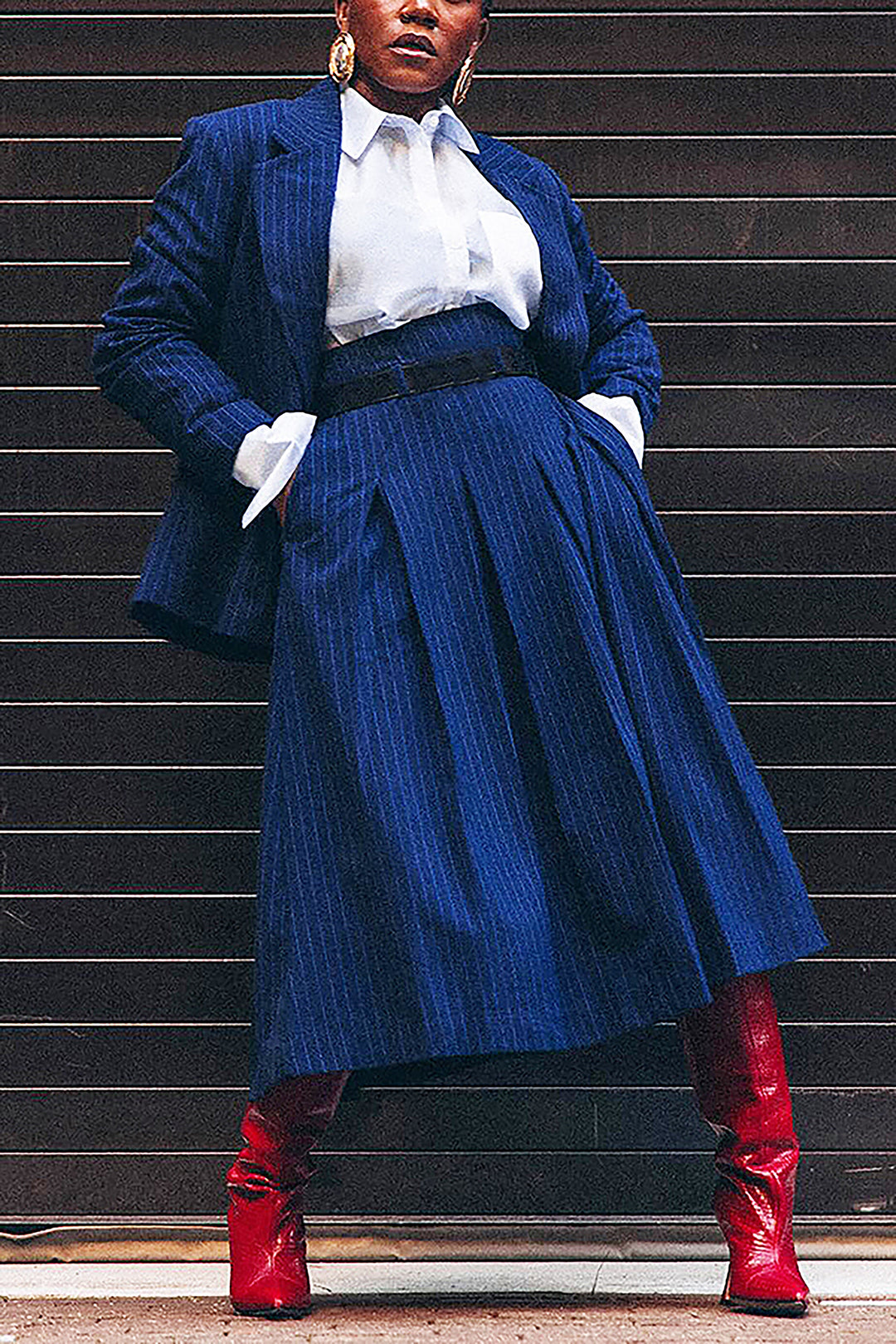 Stylish Striped Blazer & Ruffled High Waist Skirt Set