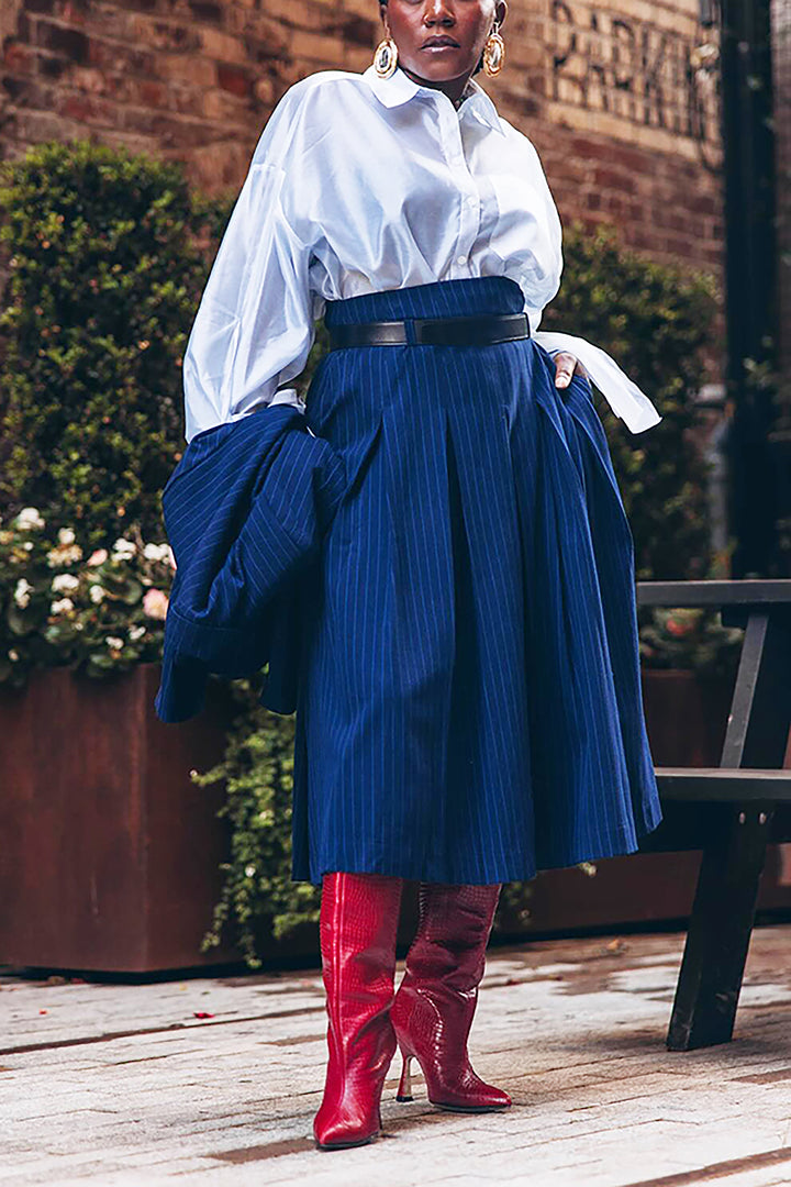 Stylish Striped Blazer & Ruffled High Waist Skirt Set