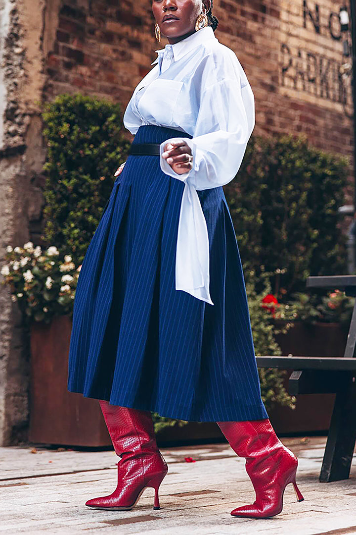Stylish Striped Blazer & Ruffled High Waist Skirt Set