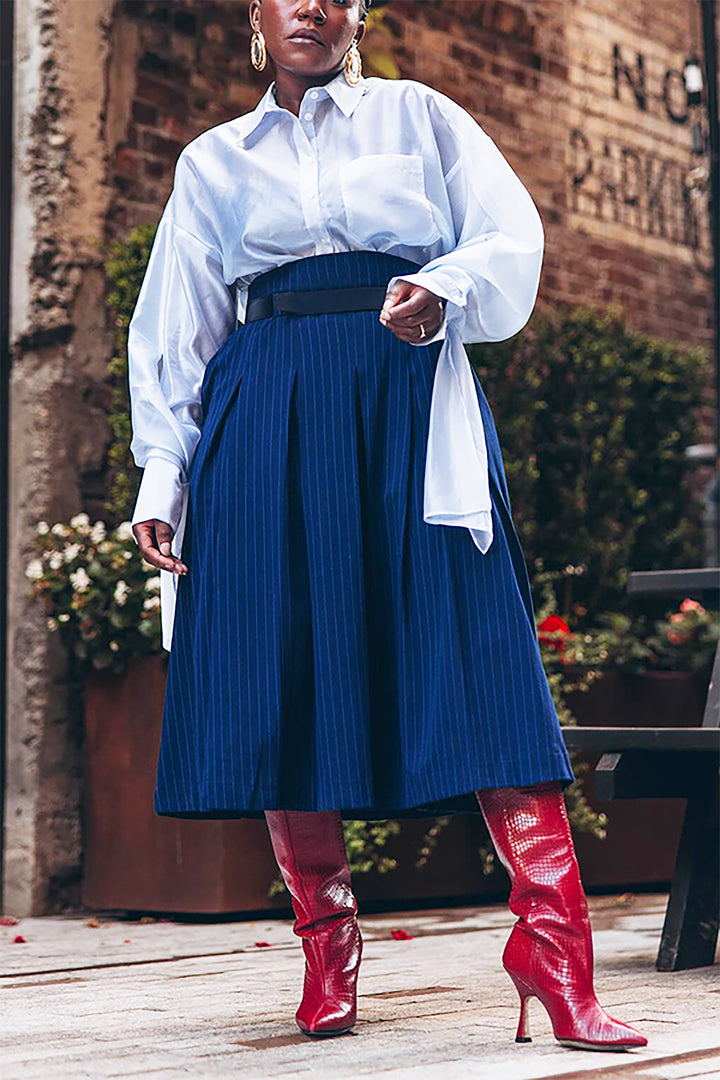 Stylish Striped Blazer & Ruffled High Waist Skirt Set