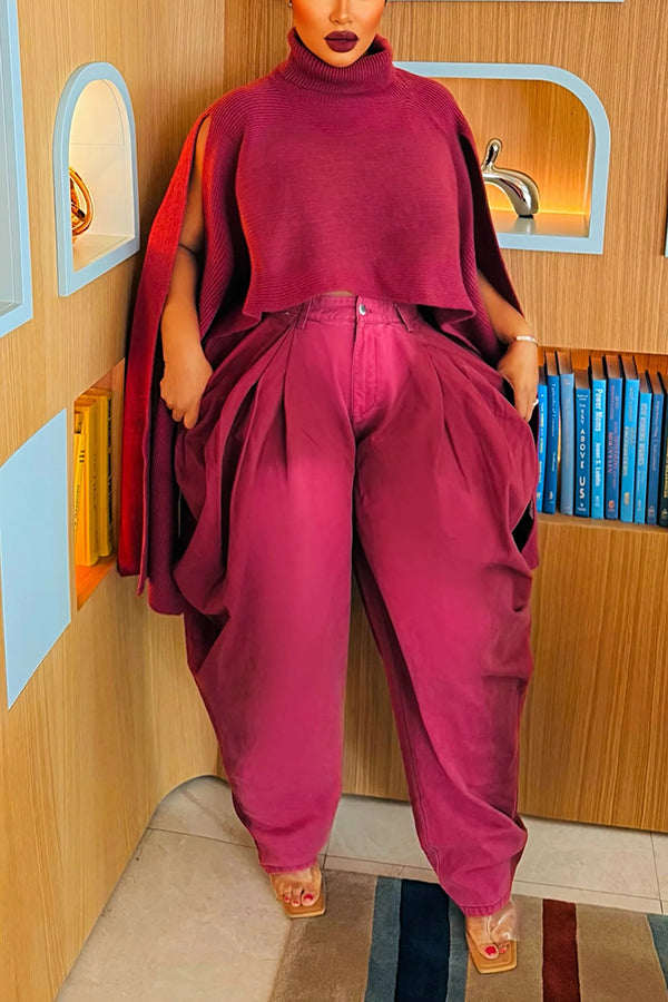 Versatile High Neck Split Sleeve Sweater