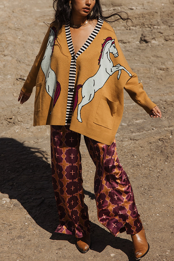 Chic Printed Contrast Double Pocket Sweater