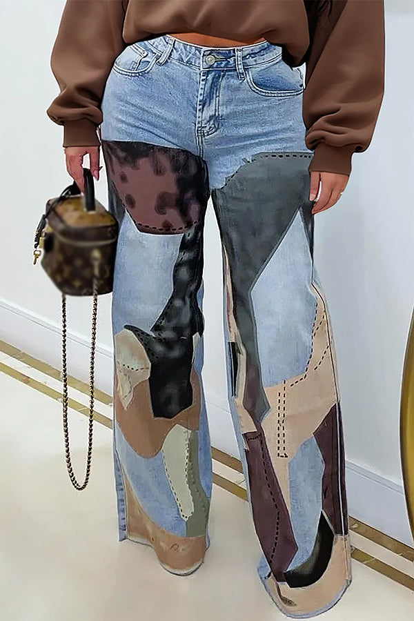 Unique Design Patchwork Straight Jeans