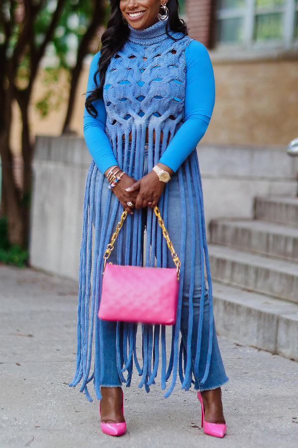 Stylish High Neck Sleeveless Hollow Tassel Sweater