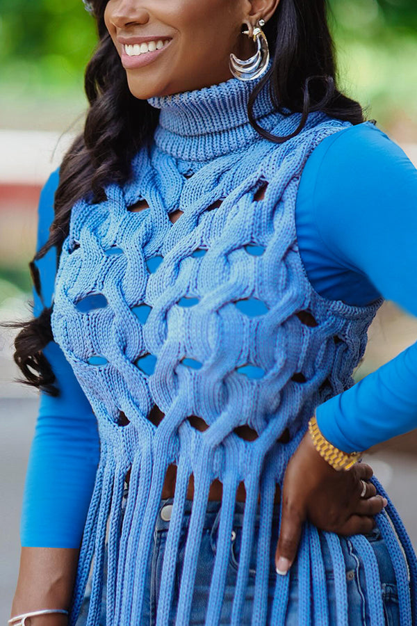 Stylish High Neck Sleeveless Hollow Tassel Sweater