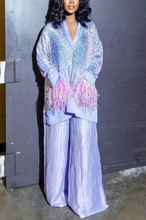 Glamorous Lilac Sequin Ostrich Feather Patchwork Top