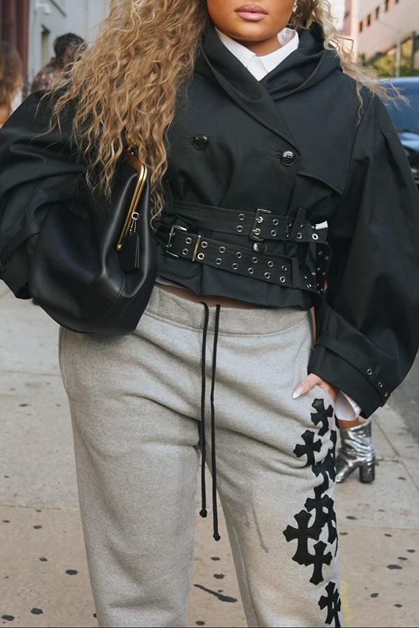 Versatile Double Belt Short Hooded Jacket
