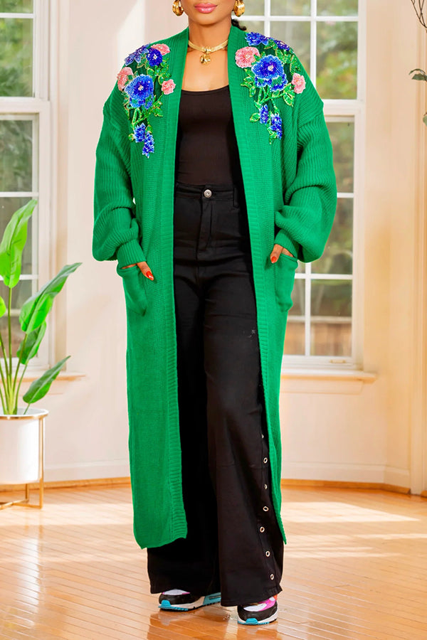 Stylish Flower Embroidery Ribbed Knit Cardigan