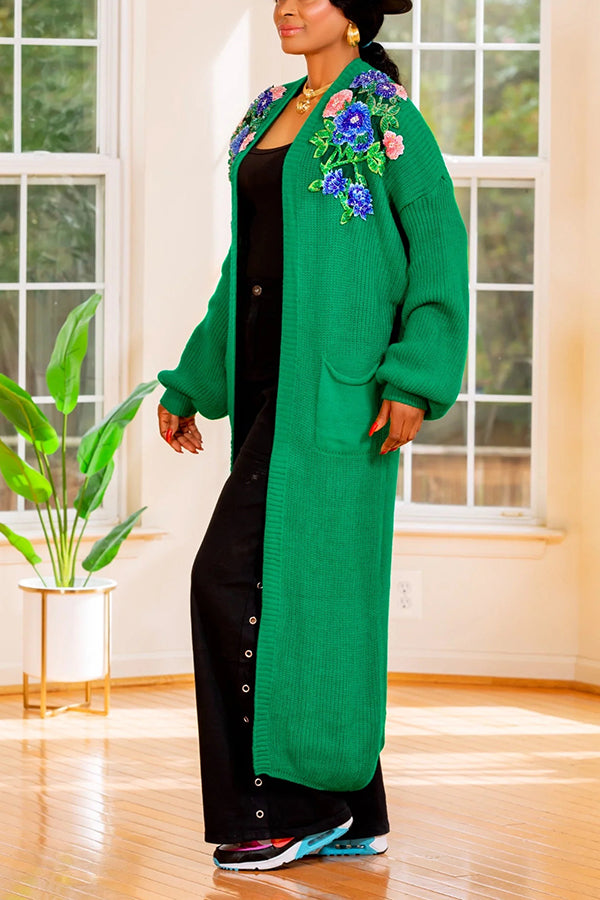 Stylish Flower Embroidery Ribbed Knit Cardigan
