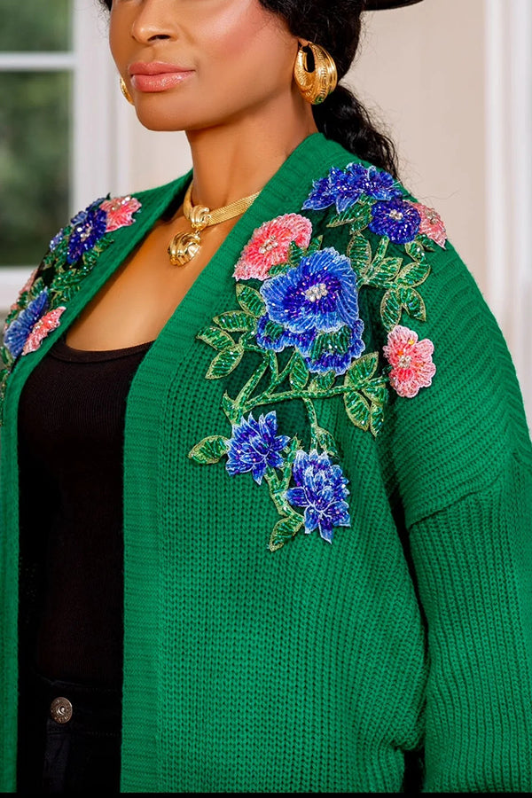 Stylish Flower Embroidery Ribbed Knit Cardigan