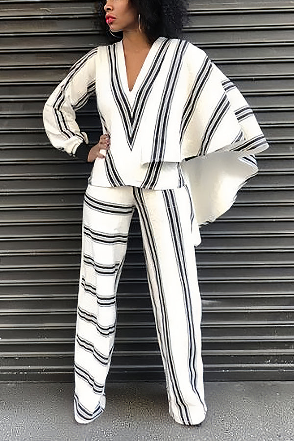 Relaxed V-neck Irregular Striped Top & Pants Set