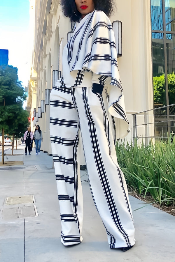 Relaxed V-neck Irregular Striped Top & Pants Set